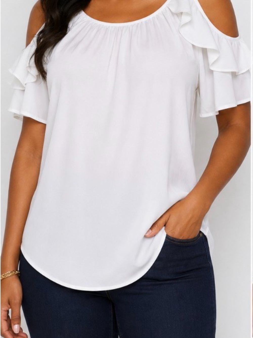 New York & Company White Cold-Shoulder Ruffle Blouse